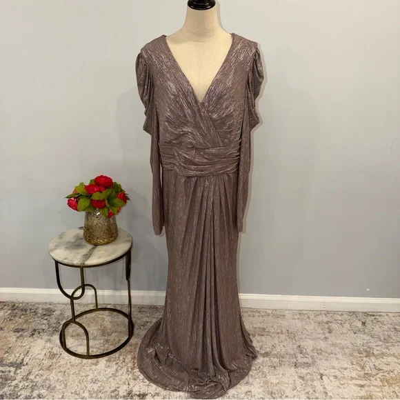 Mac Duggal 49503 Mauve Taupe Metallic Faux Wrap Draped Puff Sleeve Gown -Reemoly